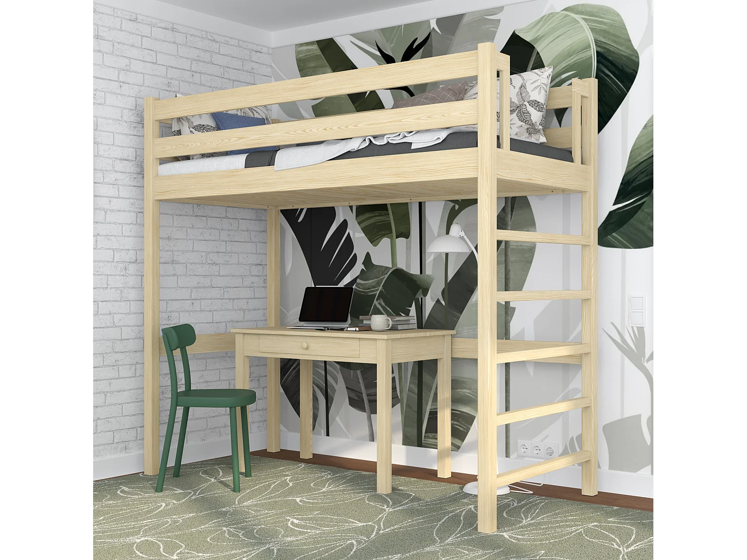 Lit mezzanine en bois N01 Pin Clair 100x180