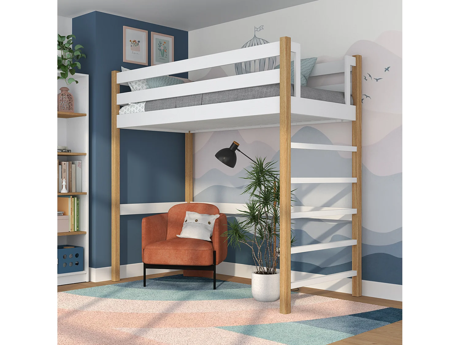 Lit mezzanine en bois N01 Blanc / Chêne Naturel 90x190