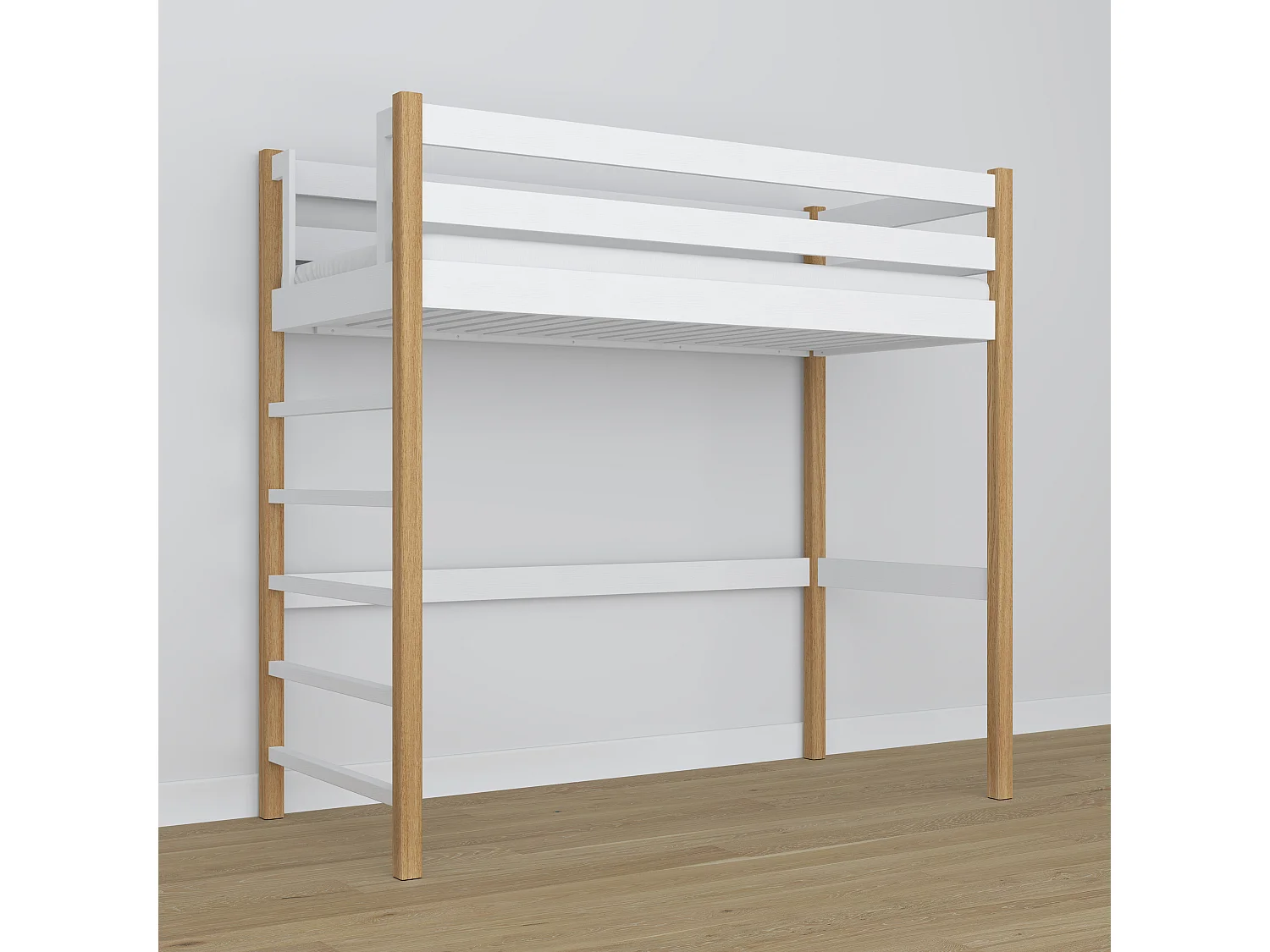 Lit mezzanine en bois N01 Blanc / Chêne Naturel 90x190
