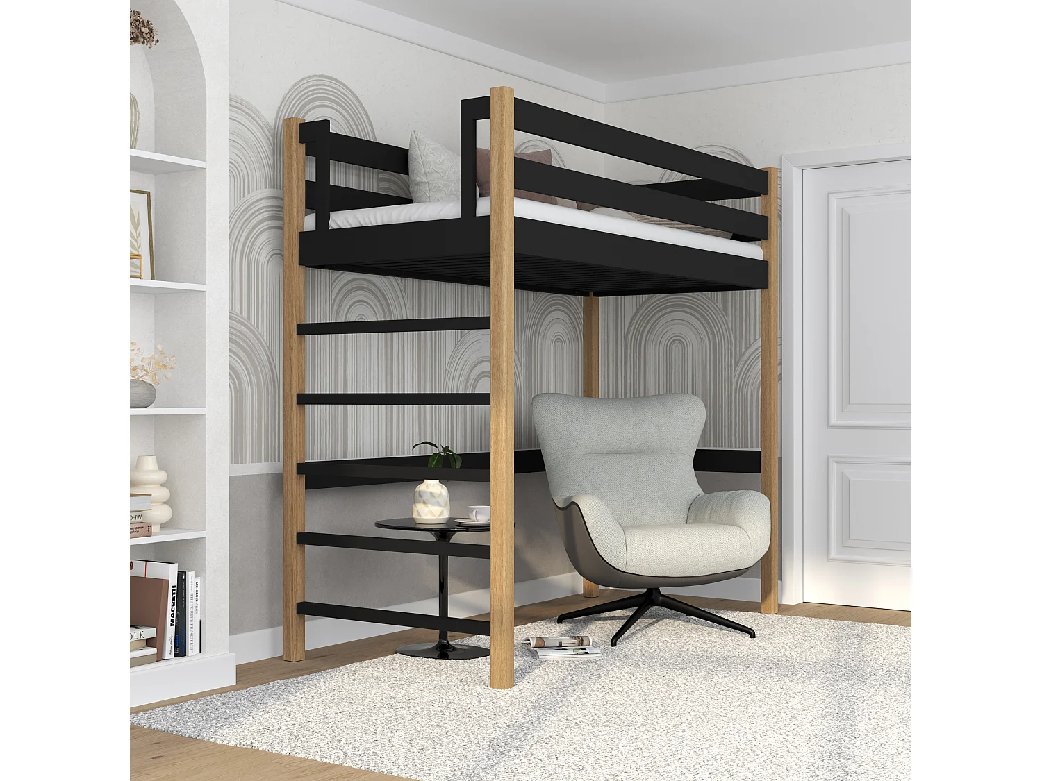 Lit mezzanine en bois N01 Noir / Chêne Naturel 100x190