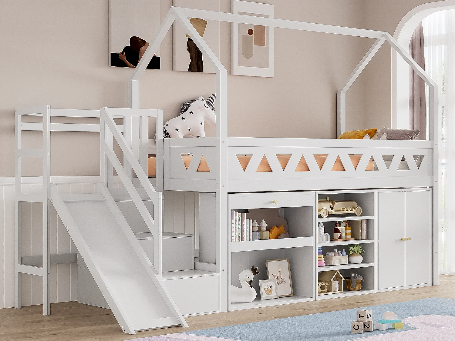 Lit mezzanine multifonctionnel en bois et MDF - 90x200 cm - avec toboggan, escalier et casiers - Blanc(sans matelas)