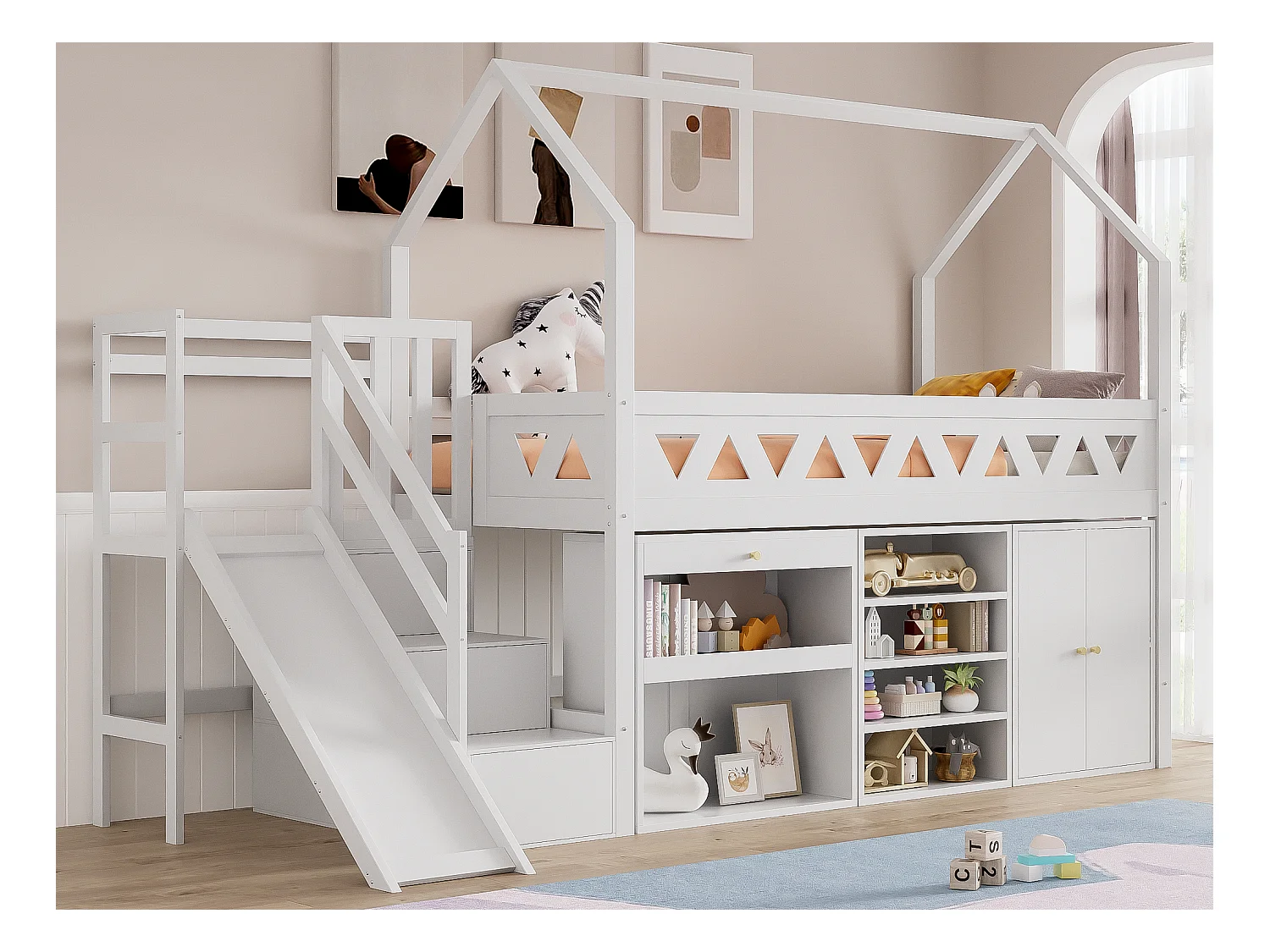 Lit mezzanine multifonctionnel en bois et MDF - 90x200 cm - avec toboggan, escalier et casiers - Blanc(sans matelas)