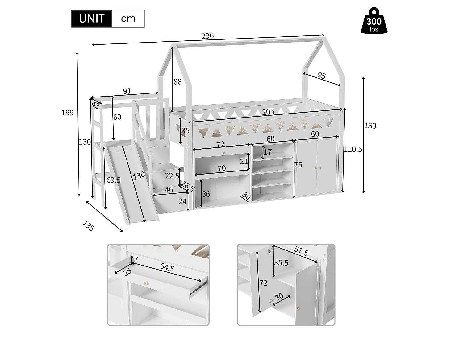 Letto a soppalco multifunzionale in legno e MDF - 90x200 cm - con scivolo, scala e armadietti - Bianco (senza materasso)