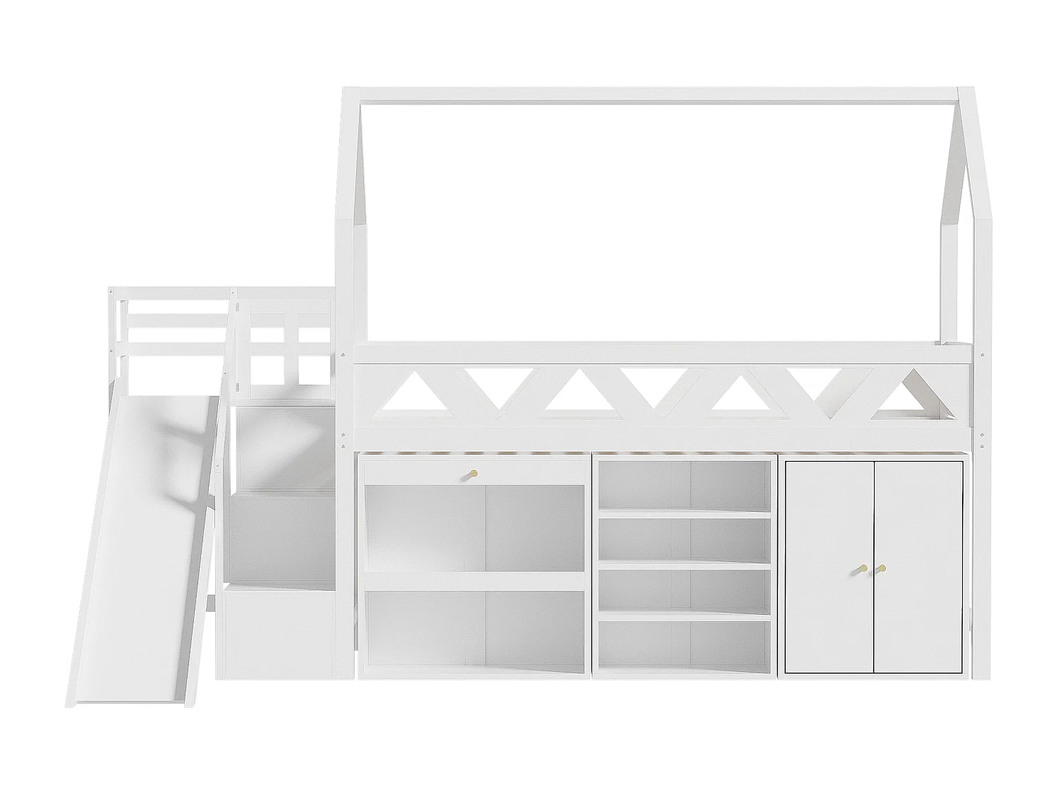 Letto a soppalco multifunzionale in legno e MDF - 90x200 cm - con scivolo, scala e armadietti - Bianco (senza materasso)