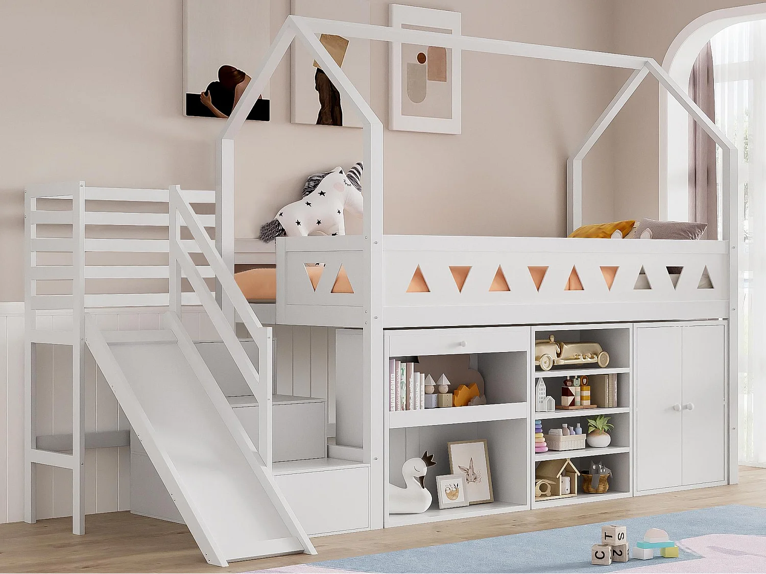 Multifunctionele hoogslaper in hout en MDF - 90x200 cm - met glijbaan, trap en kluisjes - Wit (zonder matras)