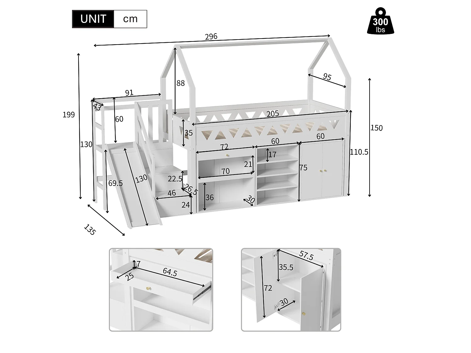 Multifunctionele hoogslaper in hout en MDF - 90x200 cm - met glijbaan, trap en kluisjes - Wit (zonder matras)