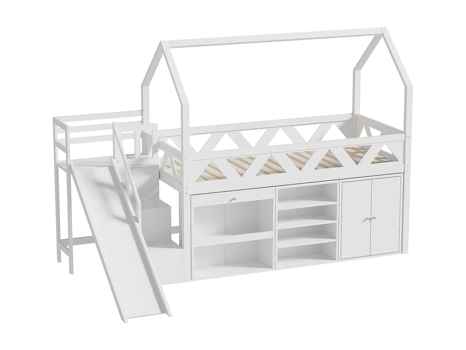 Multifunctionele hoogslaper in hout en MDF - 90x200 cm - met glijbaan, trap en kluisjes - Wit (zonder matras)