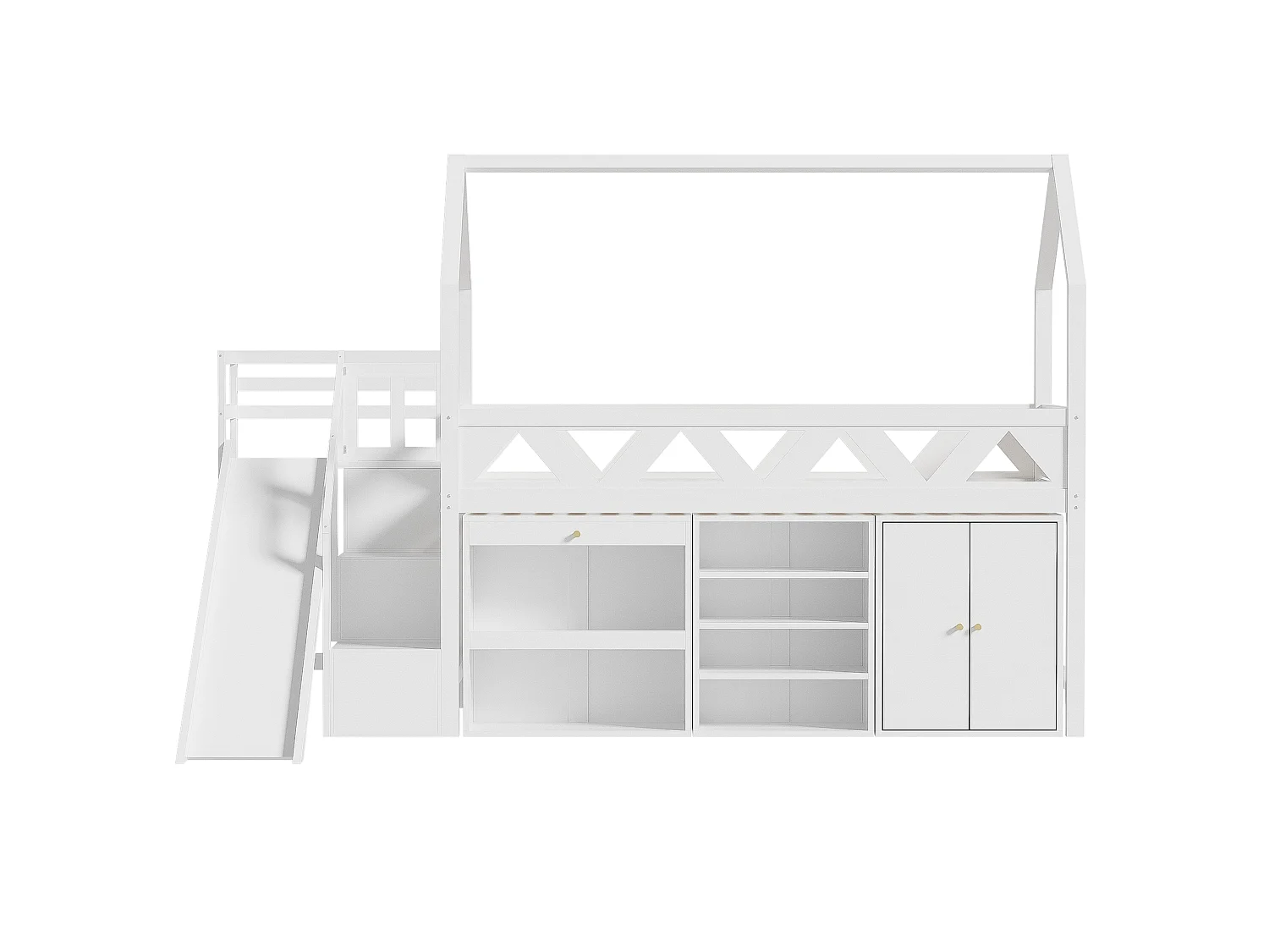 Multifunctionele hoogslaper in hout en MDF - 90x200 cm - met glijbaan, trap en kluisjes - Wit (zonder matras)