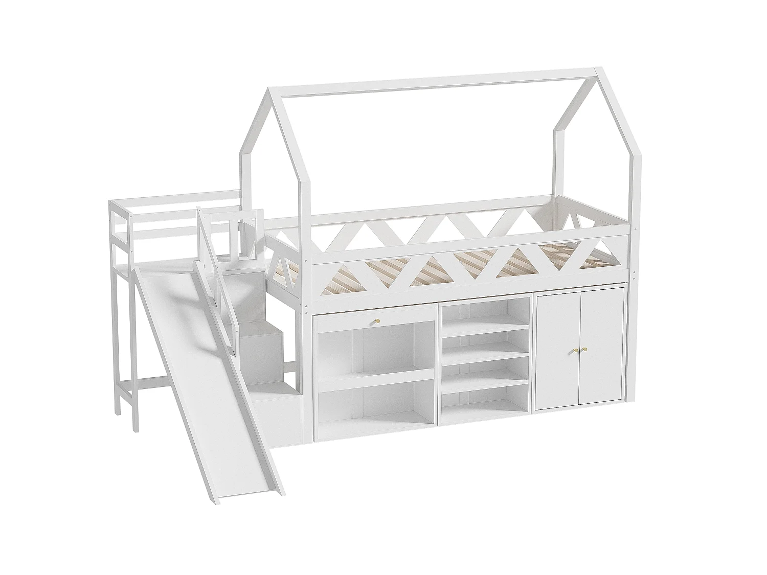 Multifunctionele hoogslaper in hout en MDF - 90x200 cm - met glijbaan, trap en kluisjes - Wit (zonder matras)