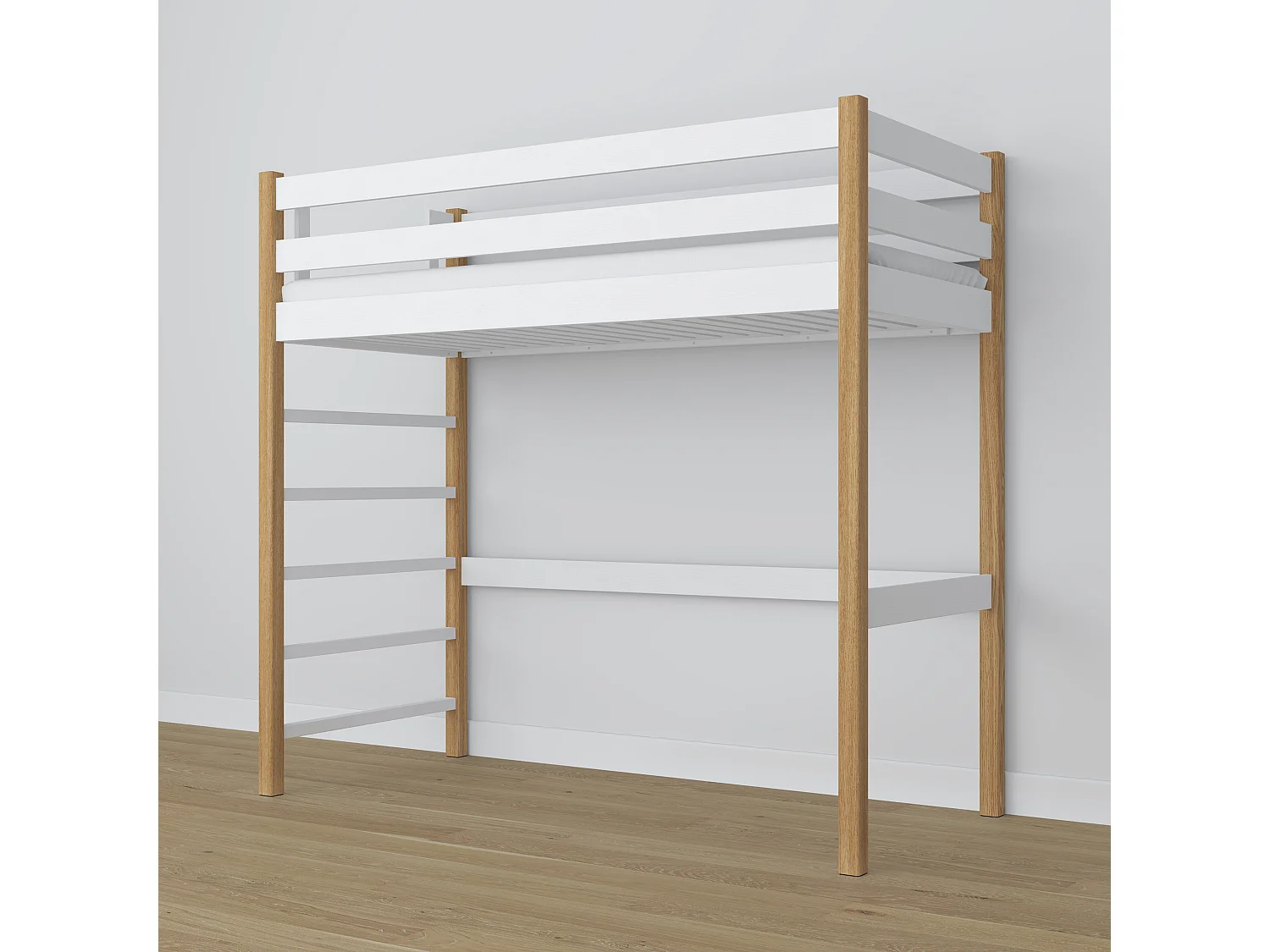 Lit mezzanine en bois N01 Blanc / Chêne Naturel 90x180