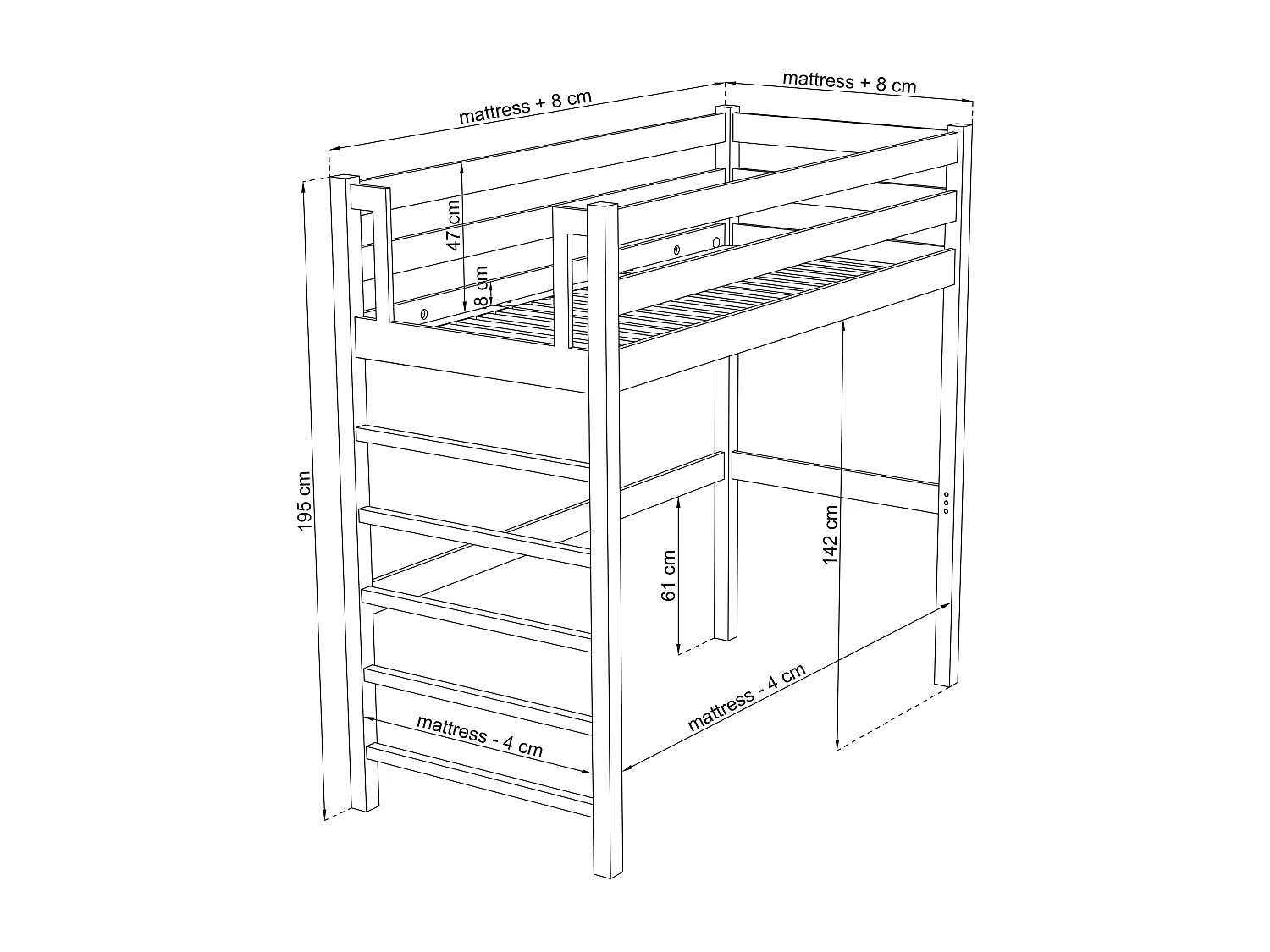 Lit mezzanine en bois N01 Blanc 120x200