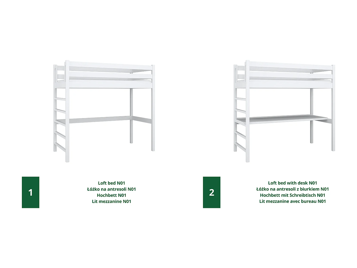 Lit mezzanine en bois N01 Blanc 120x200