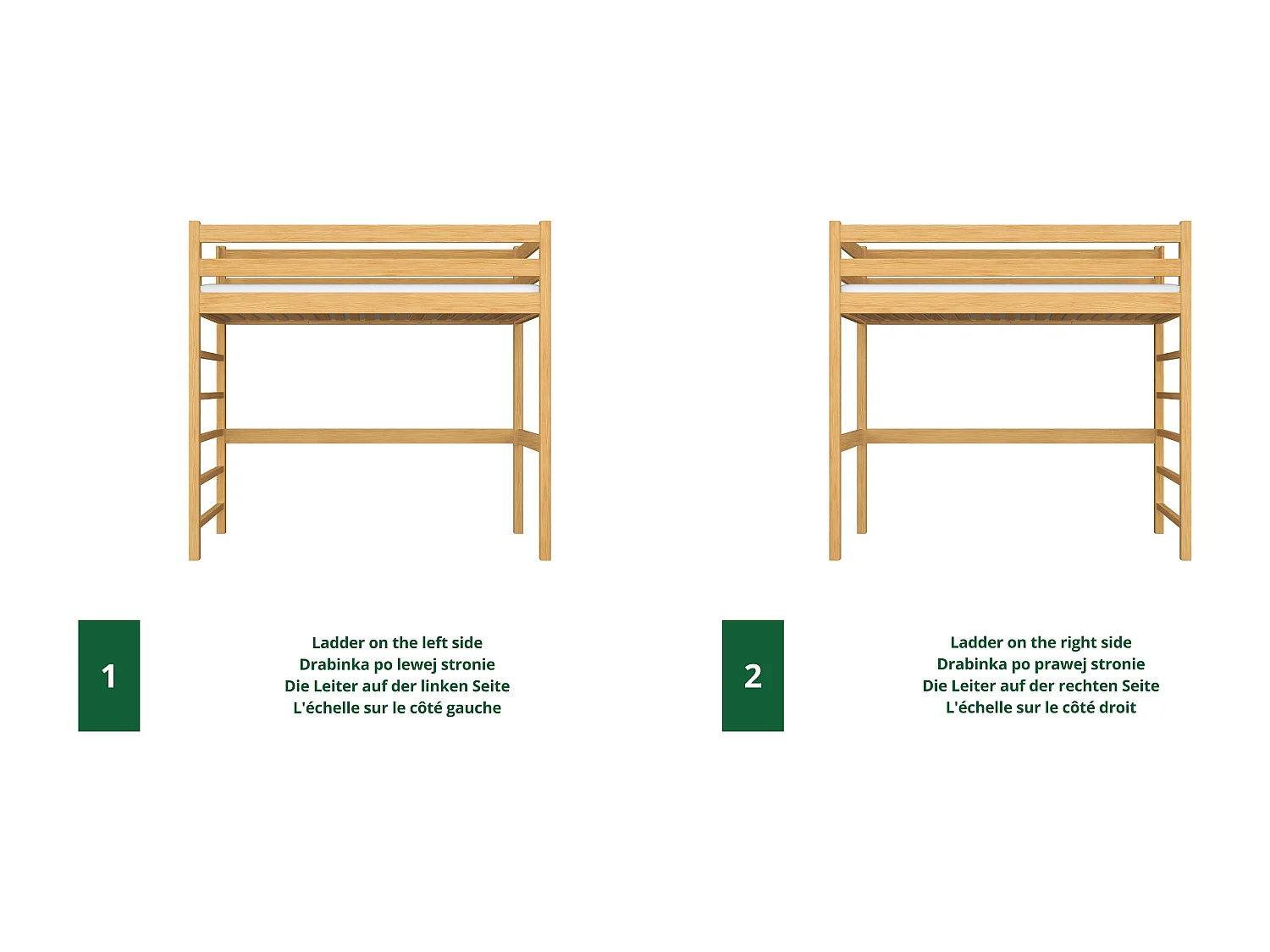 Lit mezzanine en bois N01 Pin Naturel 90x190