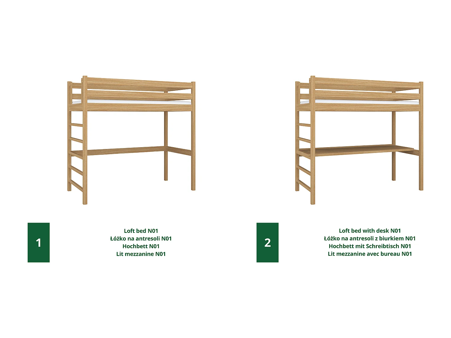 Lit mezzanine en chêne N01 Chêne Naturel 100x200