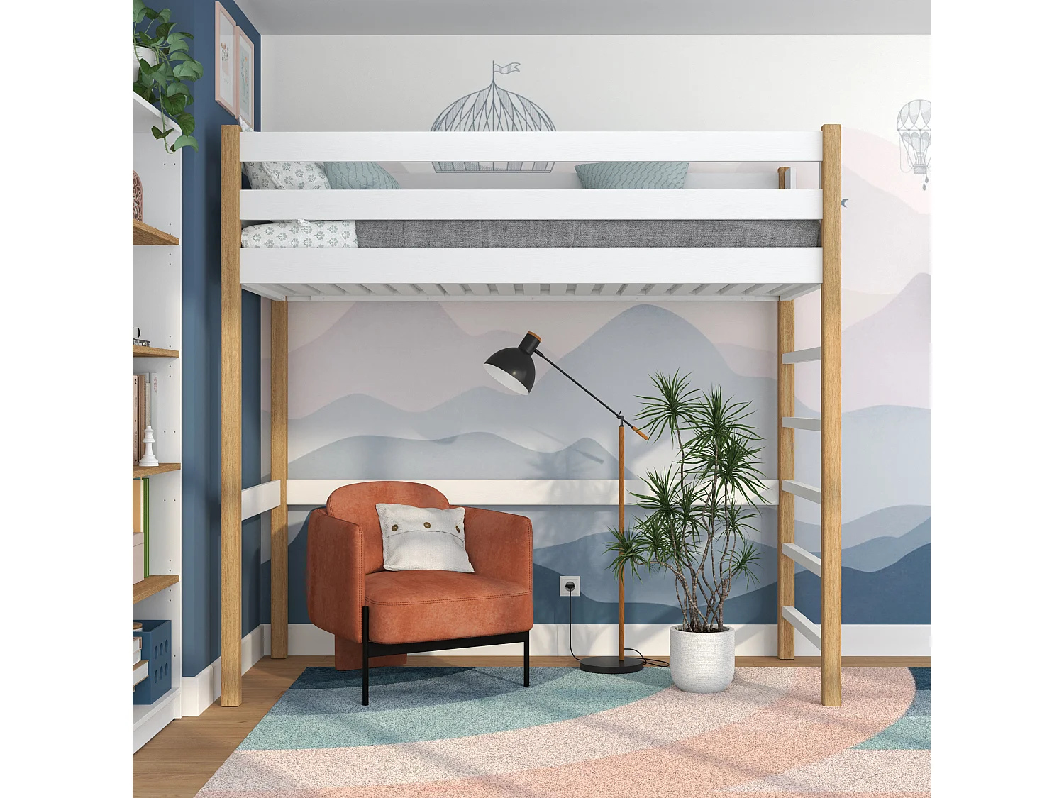 Lit mezzanine en bois N01 Blanc / Chêne Naturel 100x180