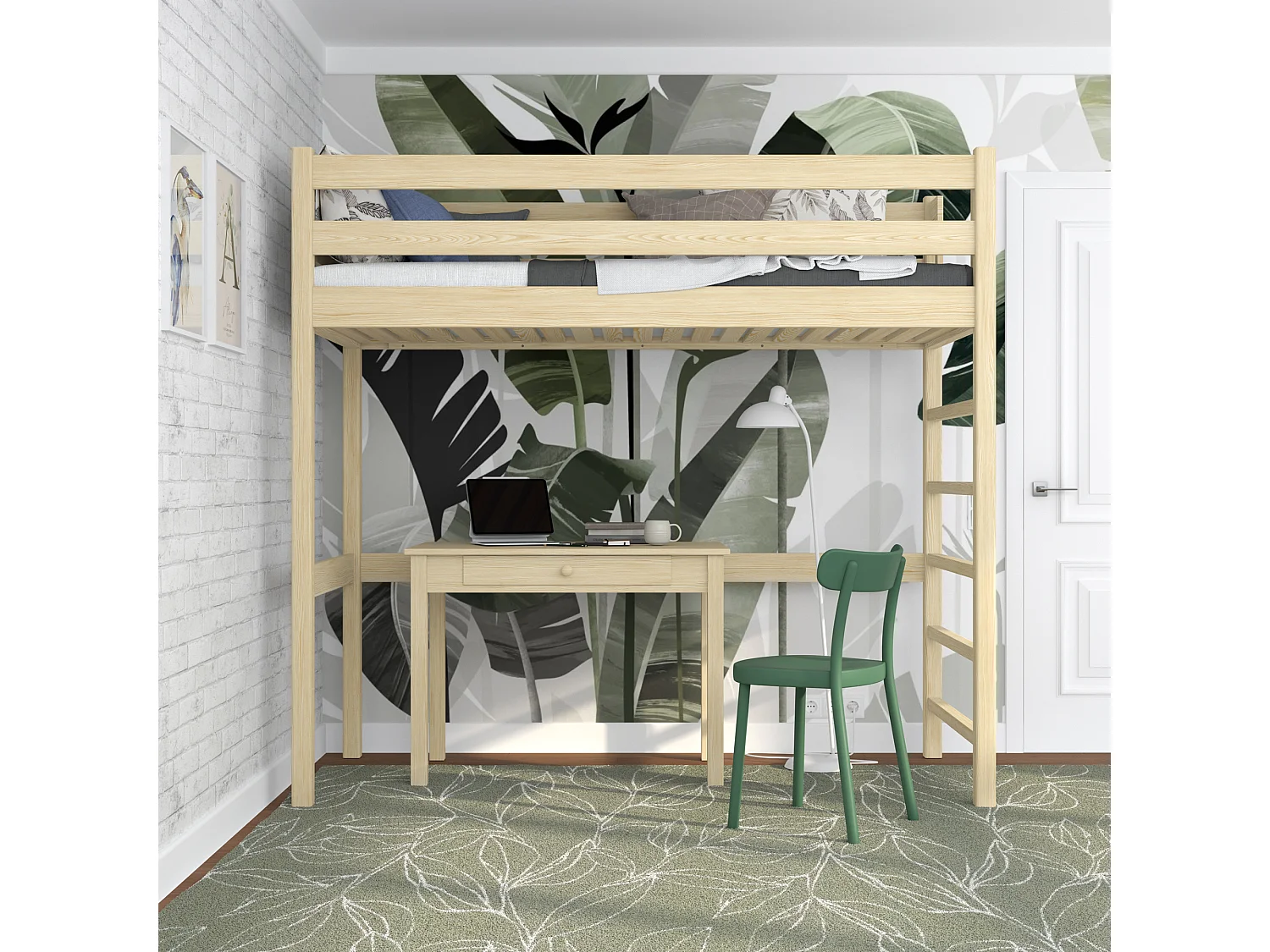 Lit mezzanine en bois N01 Pin Clair 80x200