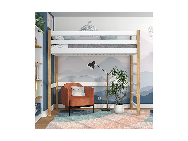 Lit mezzanine en bois N01 Blanc / Chêne Naturel 120x190