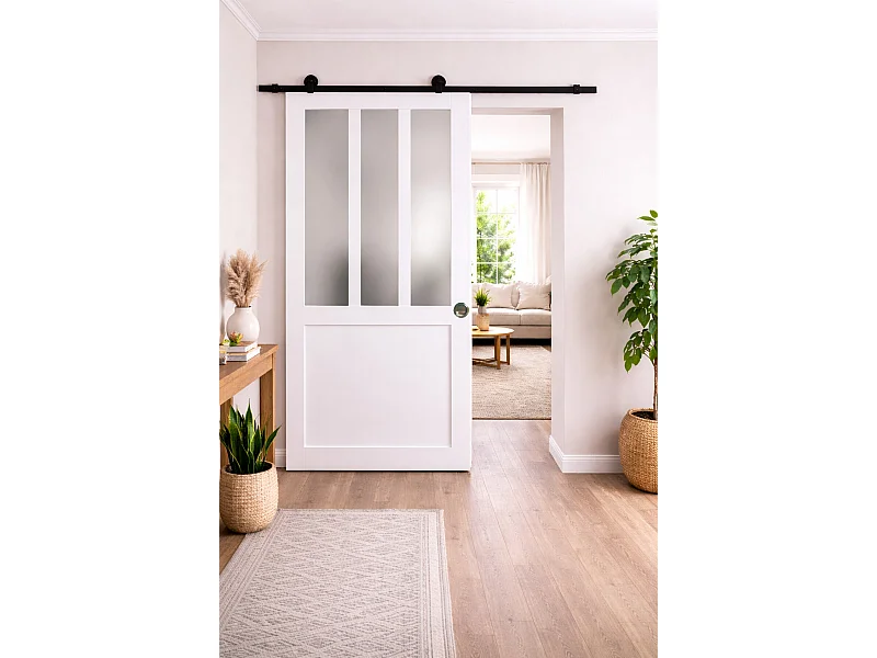 Porta scorrevole bianca da officina in vetro satinato H204 x L73 + binario a rulli e 2 conchiglie