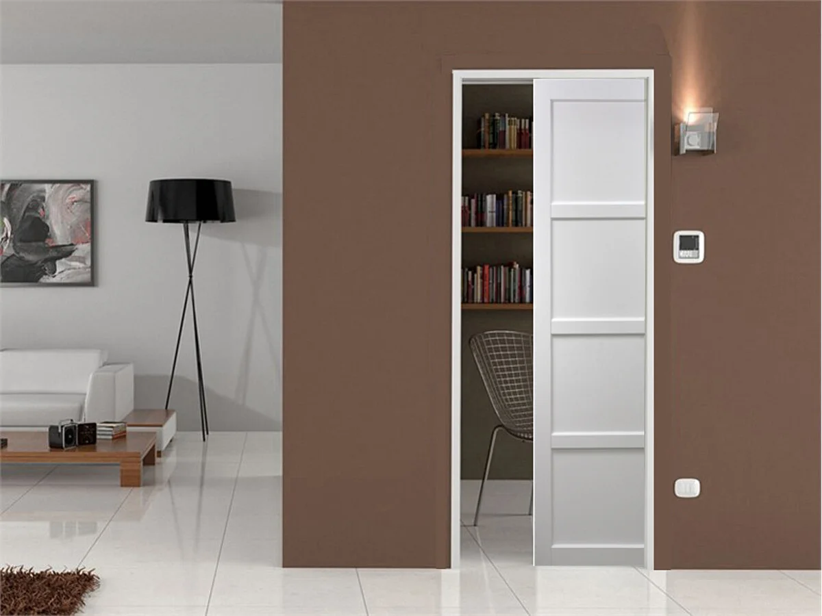 Porte Coulissante Tamera Blanc 4 Panneaux H204 X L73 Cm, Galandage, Kit Finition Gd Menuiseries