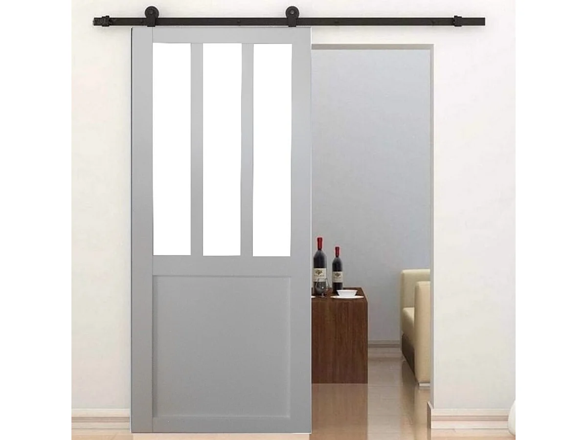 Porte Coulissante Atelier Blanc Vitre Depoli H204 X L83 + Rail A Roulettes Et Coquilles Gd Menuiseries