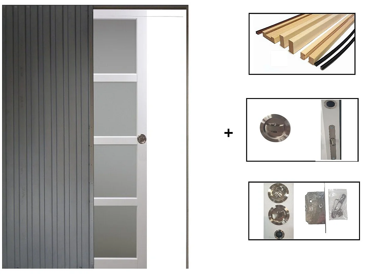 Porte Coulissante Tana Blanc Vitrée H204 X L83 Cm, Galandage, Kit Finition Gd Menuiseries