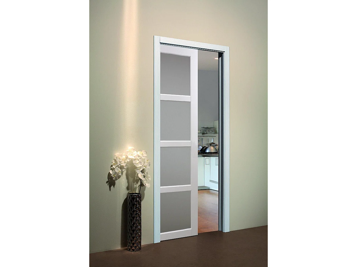 Porte Coulissante Tana Blanc Vitrée H204 X L83 Cm, Galandage, Kit Finition Gd Menuiseries