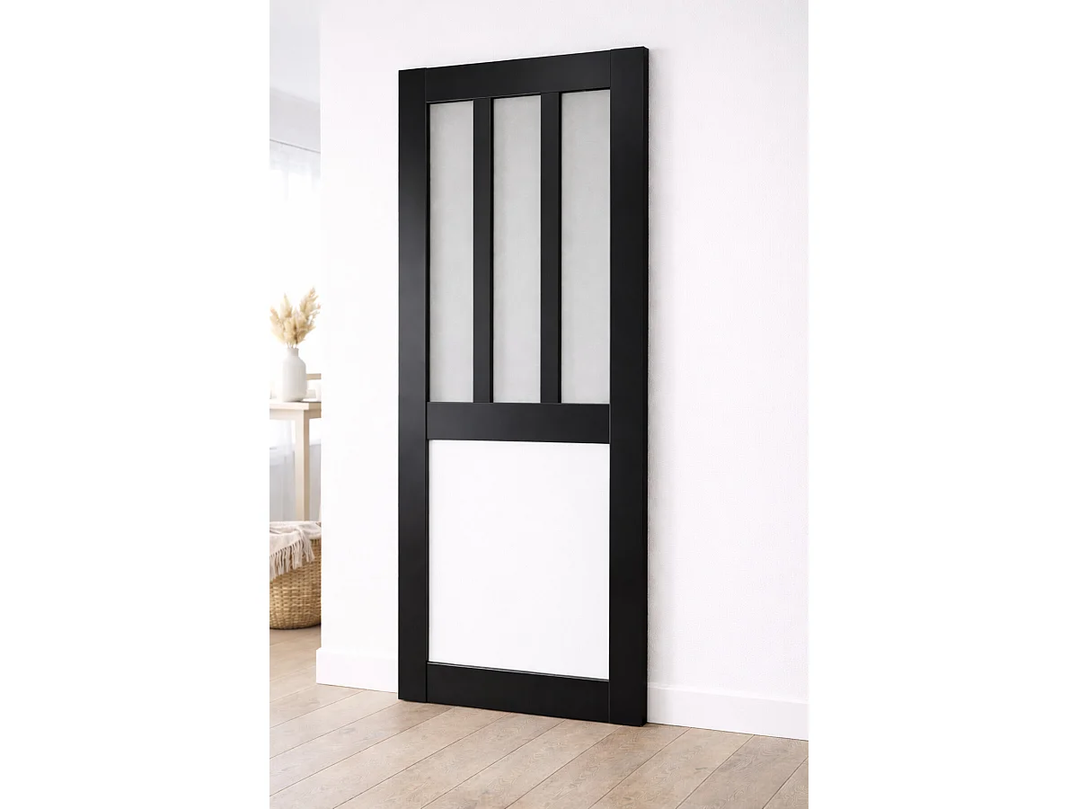 Porte Coulissante Atelier Noir, Panneau Blanc Vitrée H204 X L73 Cm Gd Menuiseries