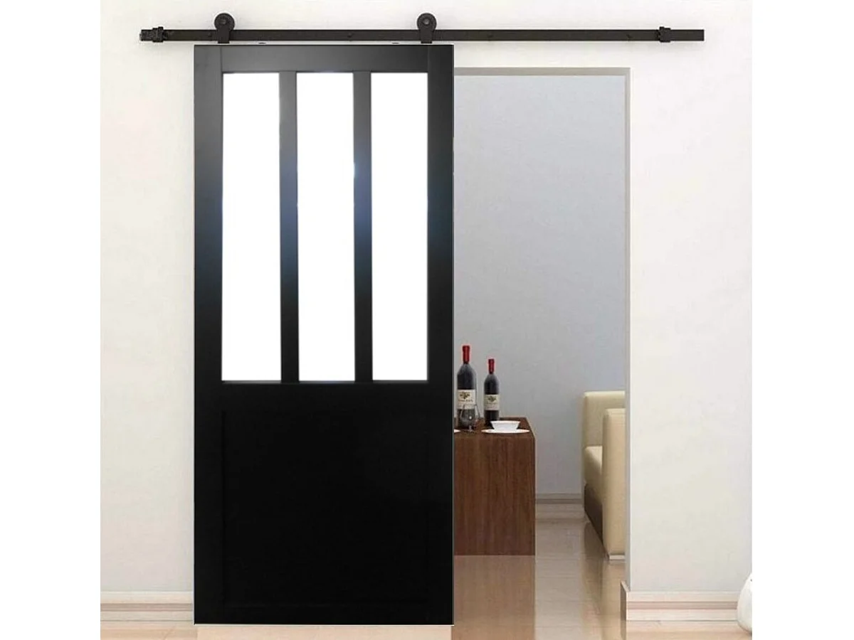 Porte Coulissante Atelier Noir Vitre Depoli H204 X L83 + Rail A Roulettes Et Coquilles Gd Menuiseries
