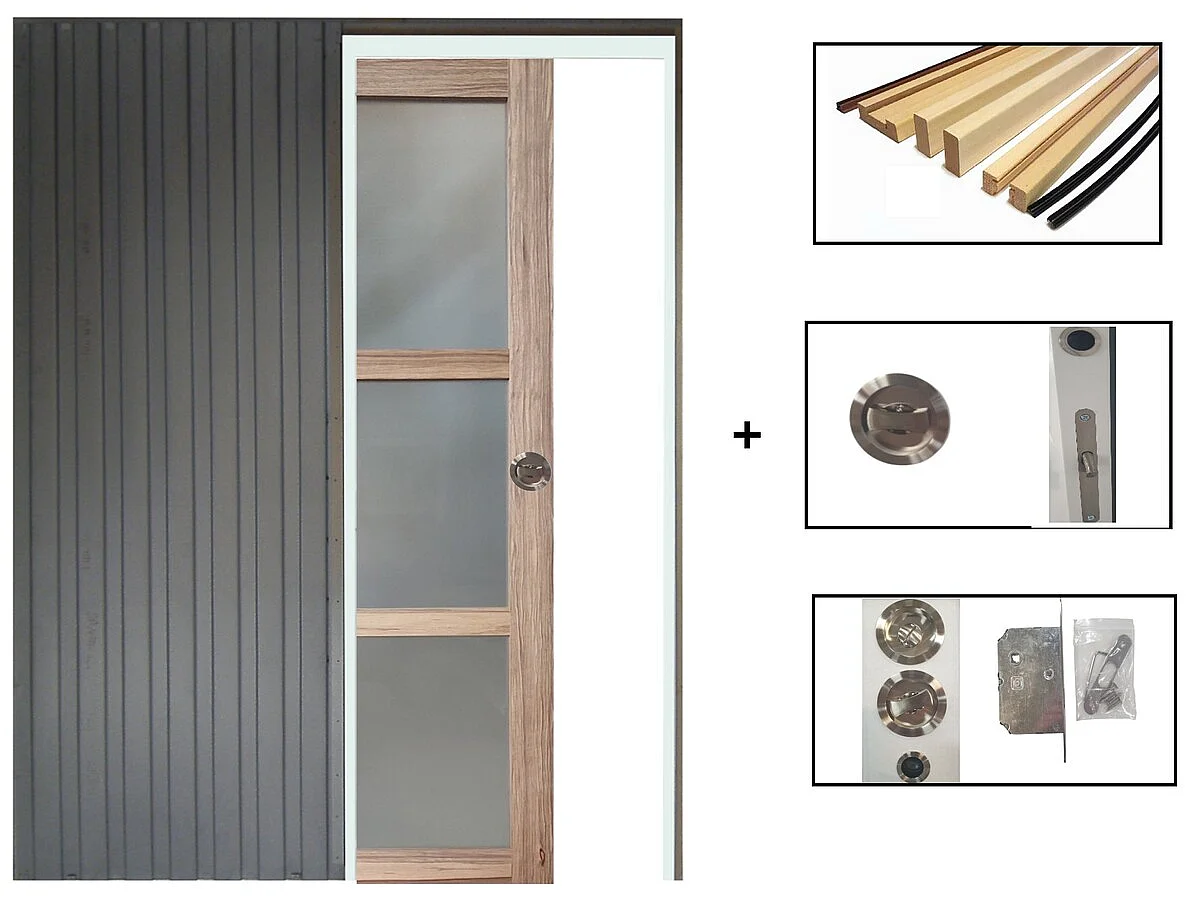Porte Coulissante Bois Frake Vitrée H204 X L73 Cm, Galandage, Kit De Finition Gd Menuiseries