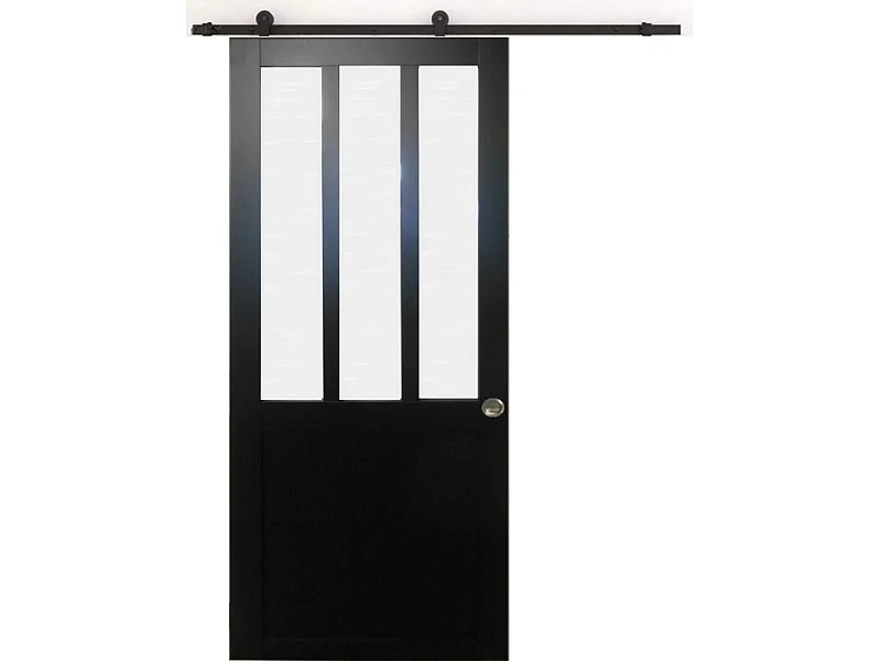 Porte Coulissante Atelier Noir Vitre Depoli H204 X L73 + Rail A Roulettes Et Coquilles Gd Menuiseries