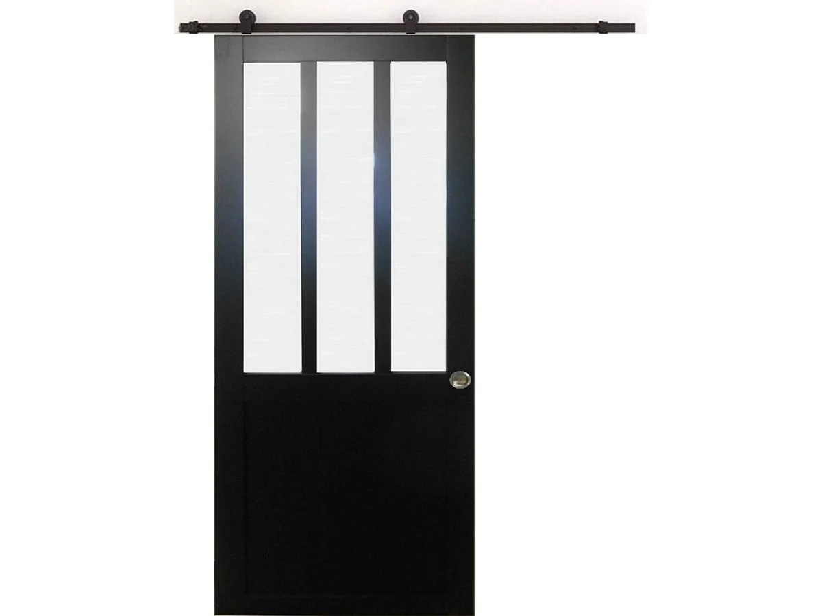 Porte Coulissante Atelier Noir Vitre Depoli H204 X L73 + Rail A Roulettes Et Coquilles Gd Menuiseries