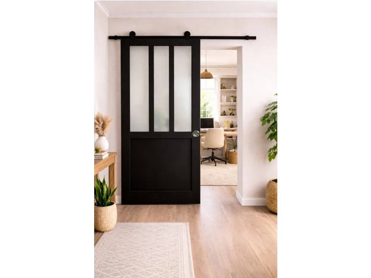 Porta Scorrevole Officina Vetro satinato nero H204 x L73 + Guida a rulli e 2 Gusci