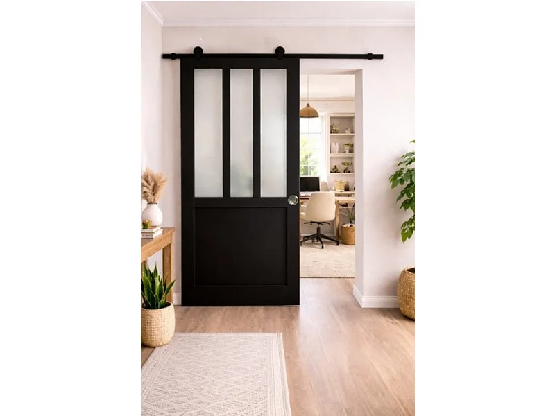 Porta Scorrevole Officina Vetro satinato nero H204 x L73 + Guida a rulli e 2 Gusci