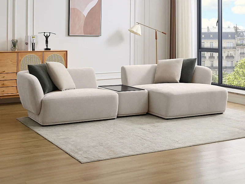 Moduleerbare hoekbank met hoek rechts van beige stof met plankje RANASO