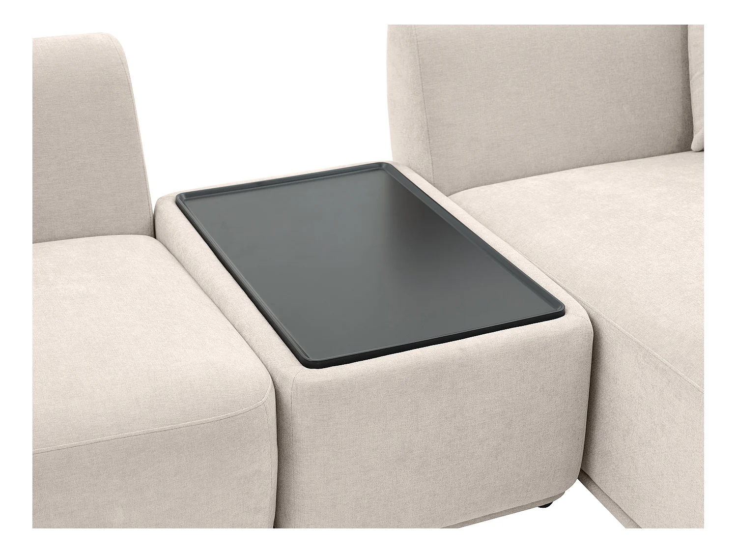 Moduleerbare hoekbank met hoek rechts van beige stof met plankje RANASO