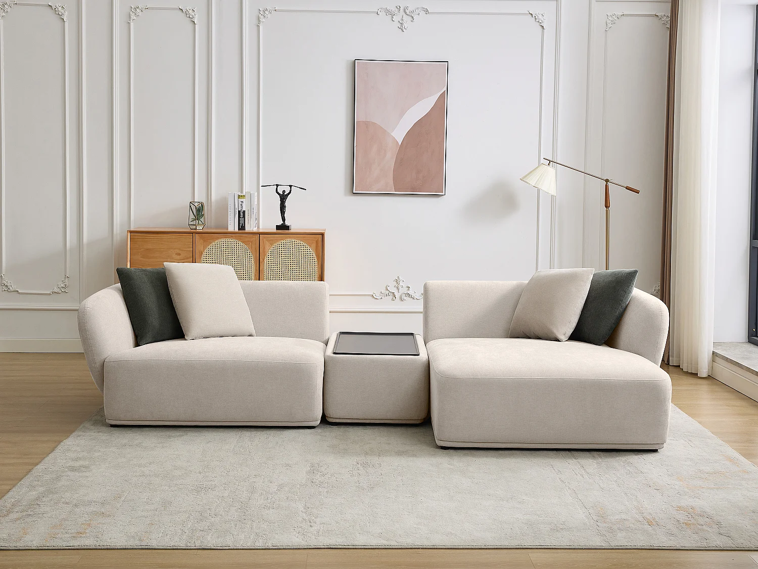 Moduleerbare hoekbank met hoek rechts van beige stof met plankje RANASO