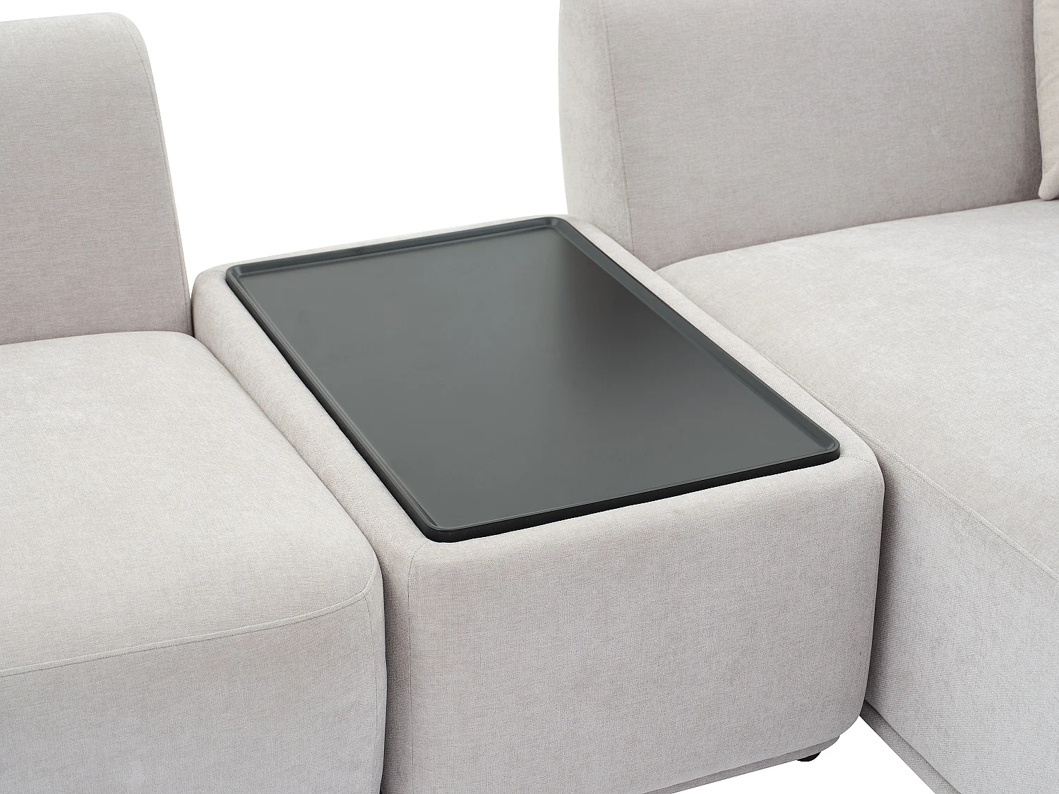 Canapé d'angle droit modulable avec tablette en tissu gris clair RANASO