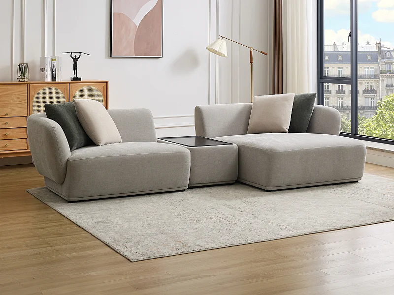 Modulært højrehjørne sofa med bakke i lysegråt stof RANASO