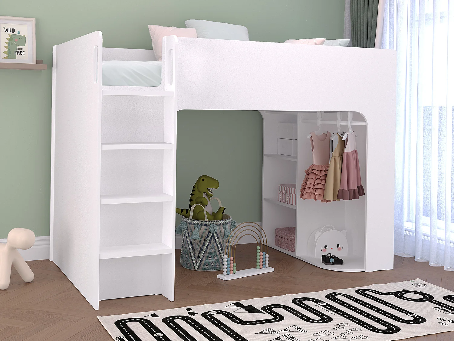 Lit mezzanine 90 x 190 cm avec rangements - Blanc - Avec matelas - COLUMI