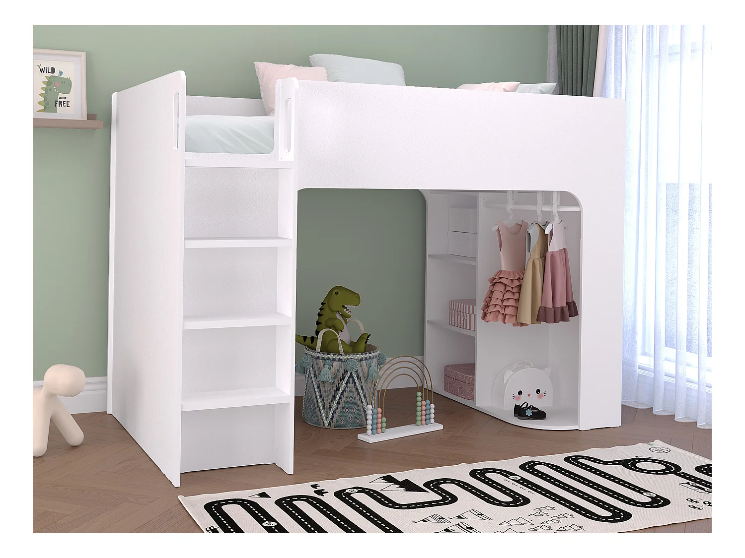 Lit mezzanine 90 x 190 cm avec rangements - Blanc - Avec matelas - COLUMI