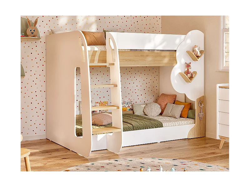 Lits superposés 2 x 90 x 190 cm - Blanc et Naturel + Matelas - PILATI