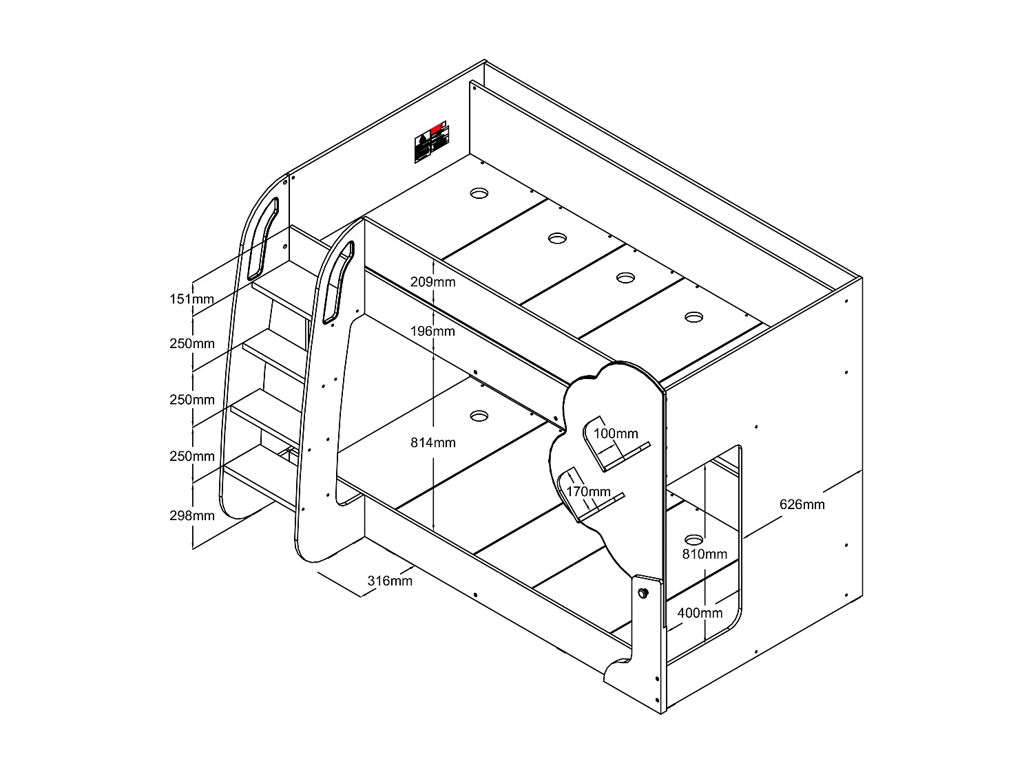 Stapelbed 2 x 90 x 190 cm - Wit en houtlook + matras - PILATI