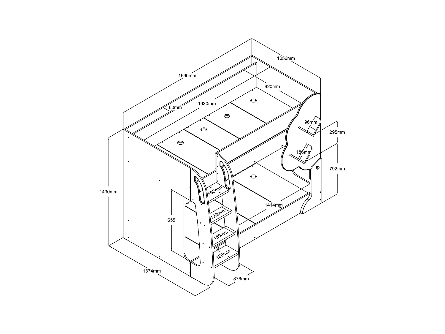 Stapelbed 2 x 90 x 190 cm - Wit en houtlook + matras - PILATI