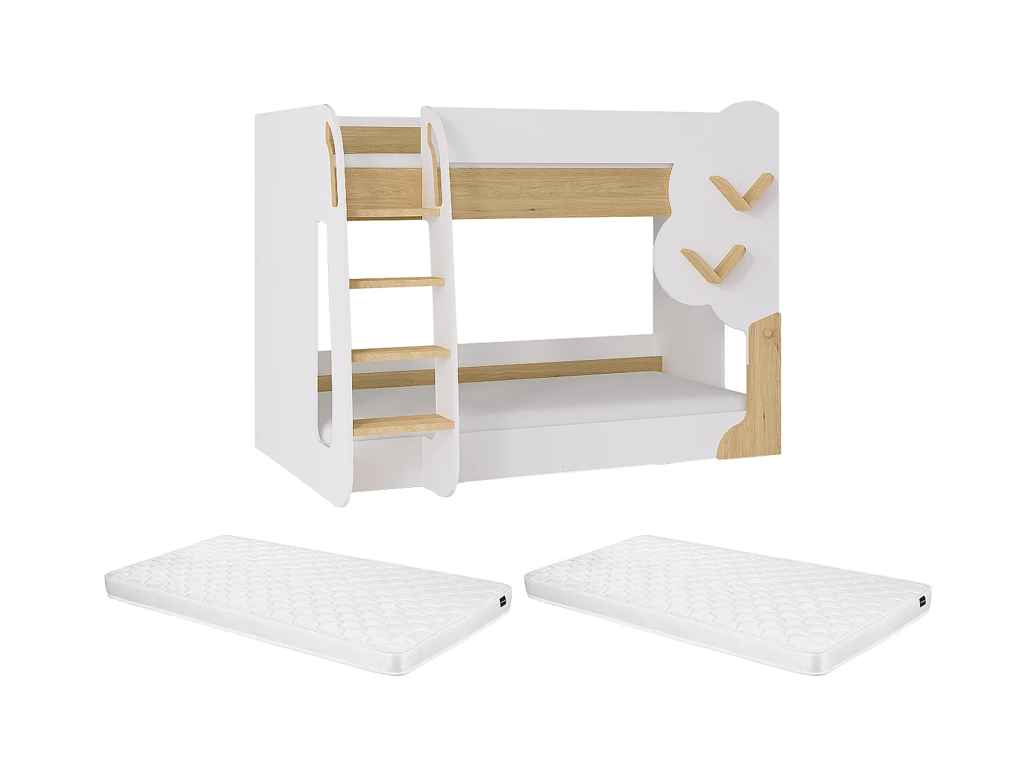 Stapelbed 2 x 90 x 190 cm - Wit en houtlook + matras - PILATI
