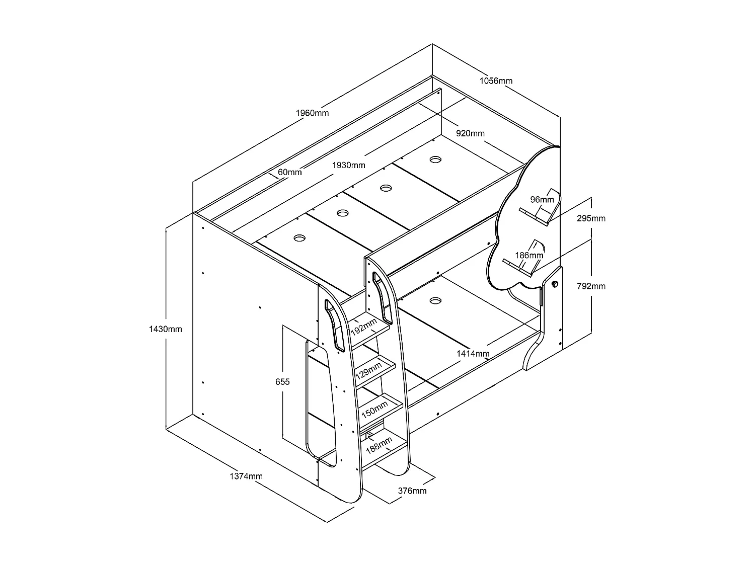 Stapelbed 2 x 90 x 190 cm - Wit en houtlook + matras - PILATI