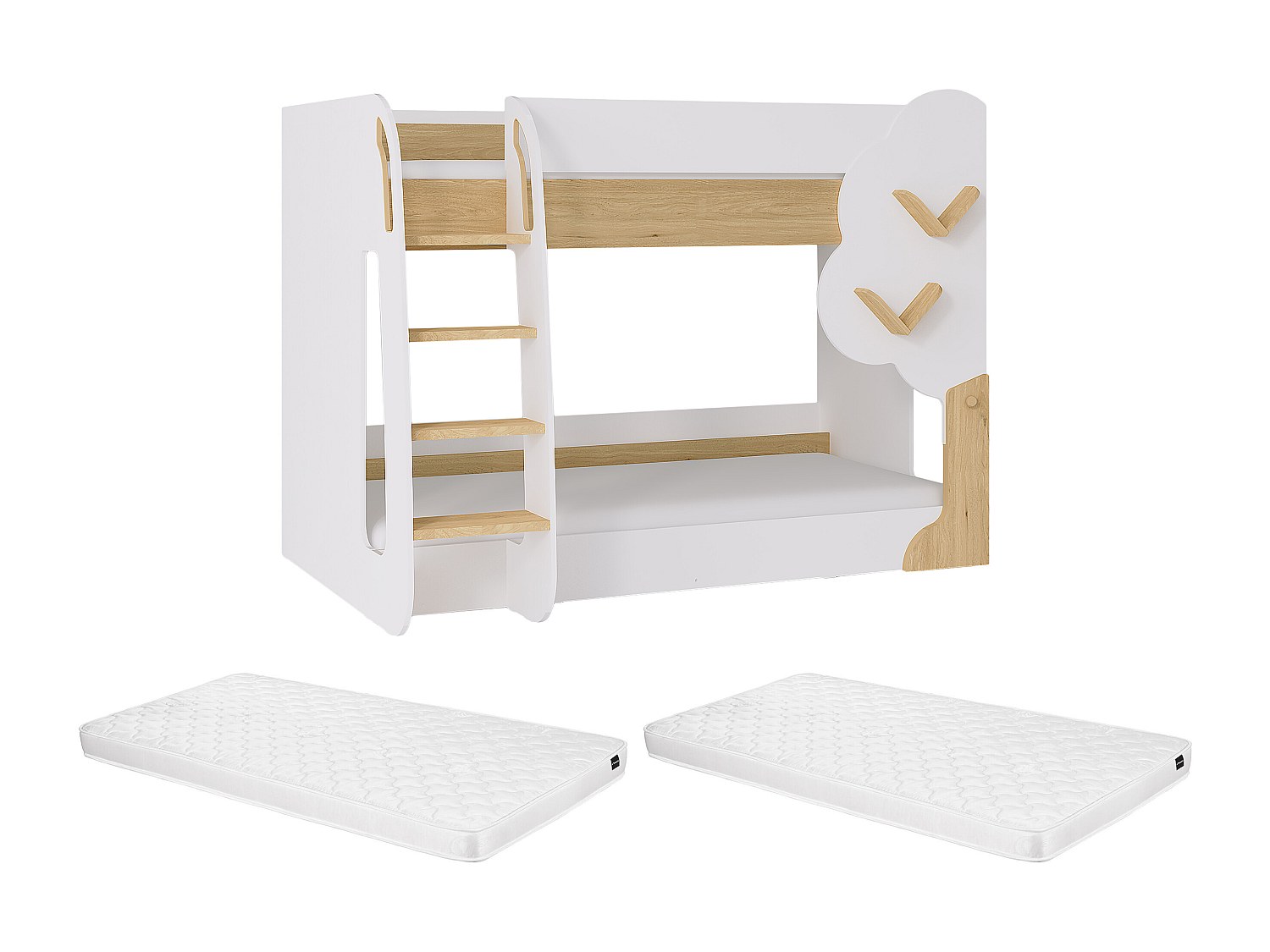 Etagenbett - 2 x 90 x 190 cm - Weiß & Holzfarben + Matratze - PILATI günstig online kaufen