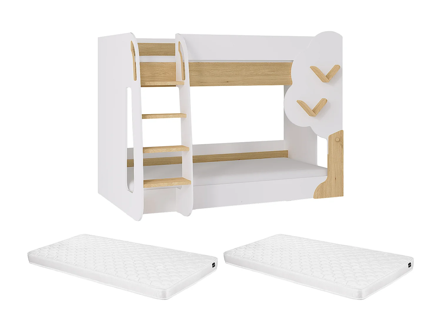 Stapelbed 2 x 90 x 190 cm - Wit en houtlook + matras - PILATI