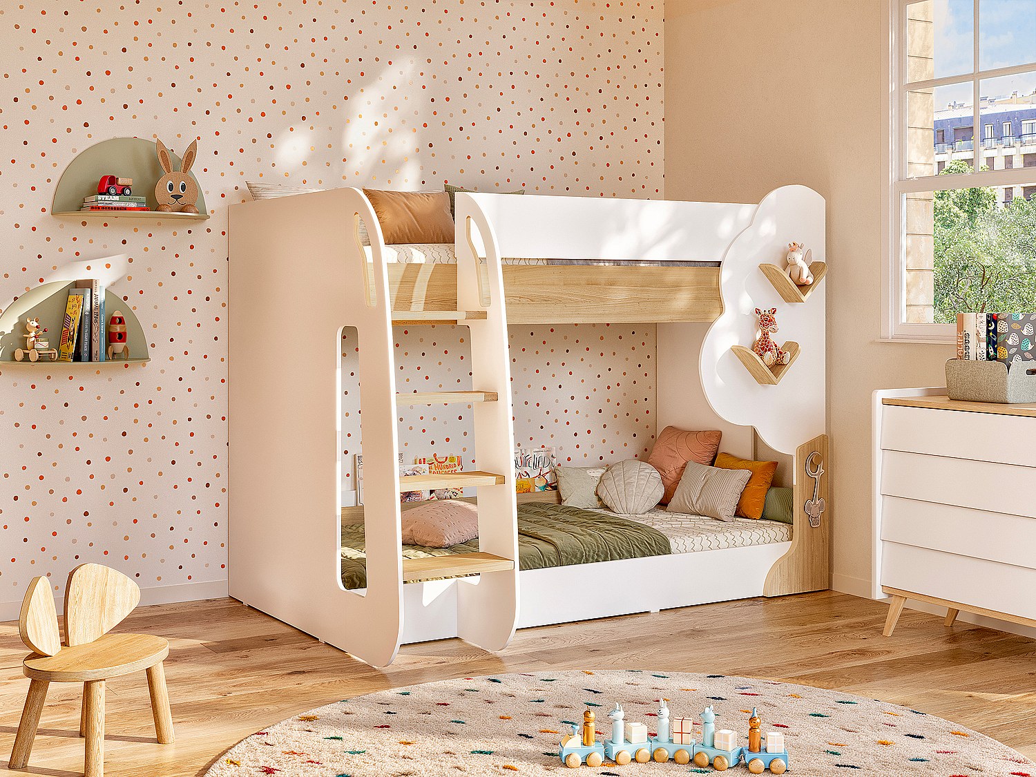 Etagenbett - 2 x 90 x 190 cm - Weiß & Holzfarben + Matratze - PILATI günstig online kaufen