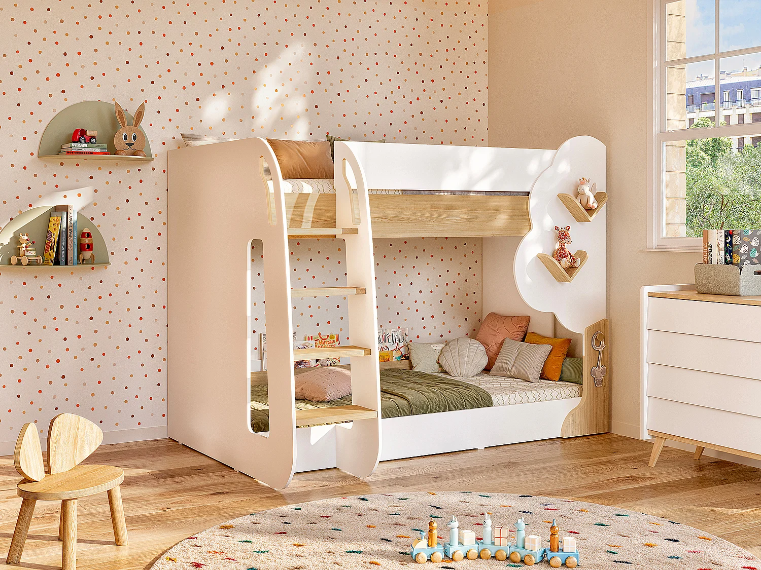 Stapelbed 2 x 90 x 190 cm - Wit en houtlook + matras - PILATI