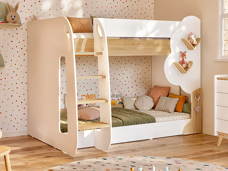 Etagenbett - 2 x 90 x 190 cm - Weiß & Holzfarben + Matratze - PILATI